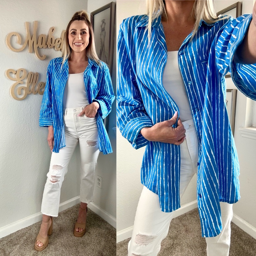 Allison Daley cobalt and white striped coastal grandma button down blouse 22